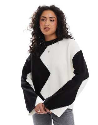 color block knitted sweater in black and ecru-Multi