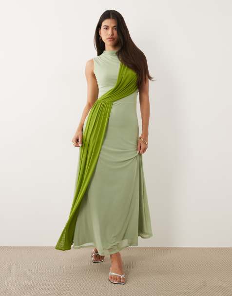 ASOS DESIGN color block mesh maxi dress with sash detail in sage green - view 1