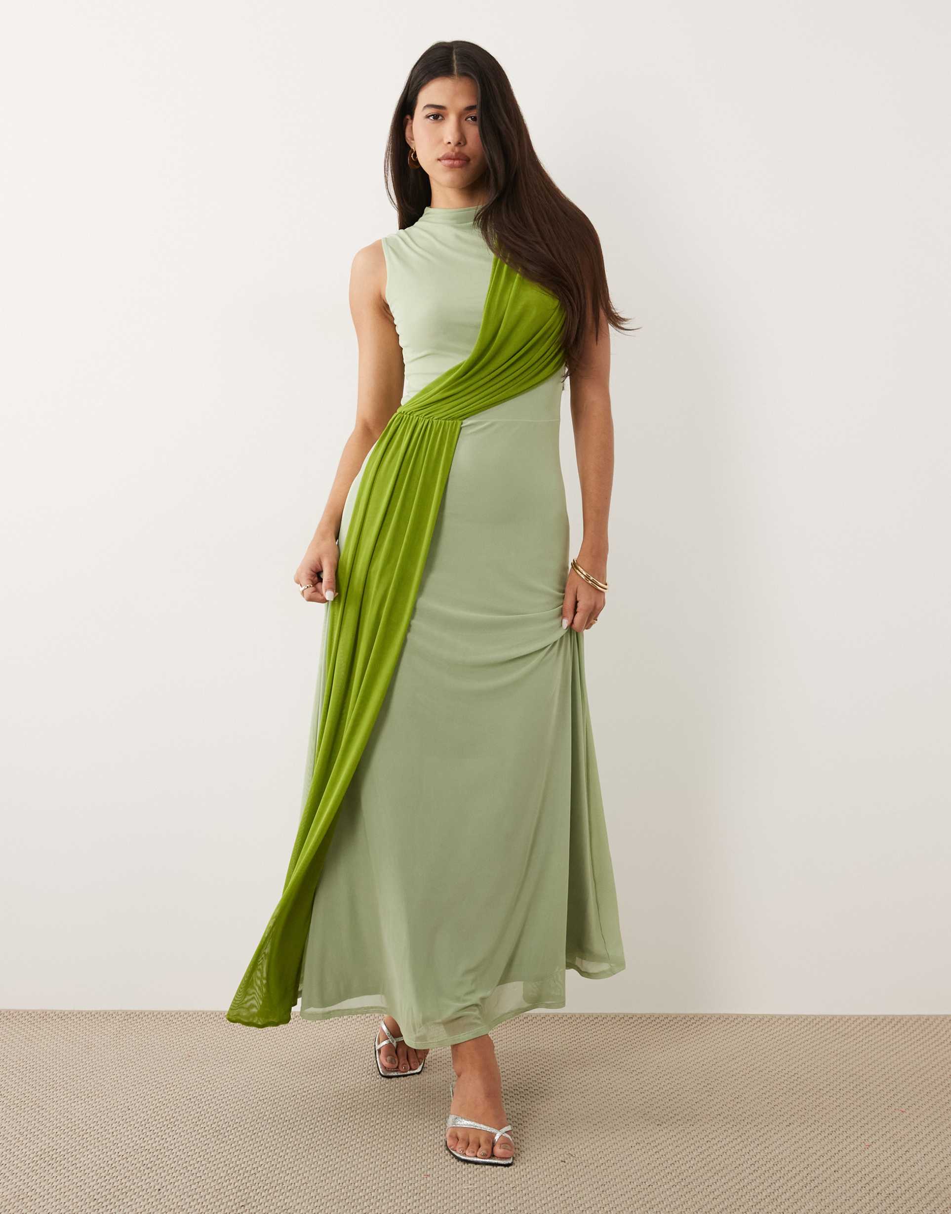 asos design color block mesh maxi dress with sash detail in sage green