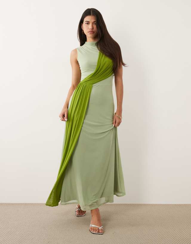 ASOS DESIGN color block mesh maxi dress with sash detail in sage green