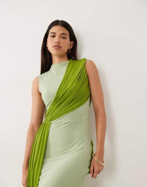 green emerald velvet dress ivory V-Neck Maxi Dress With Cut Out And Slit