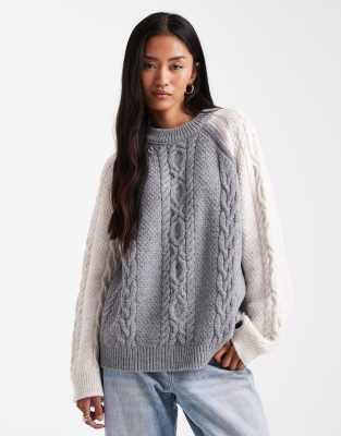 Asos Design Color Block Mixed Cable Knit Sweater In Gray