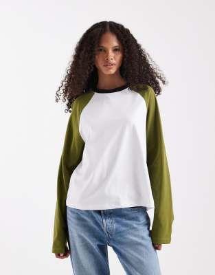 ASOS DESIGN color block oversized baseball long sleeve in green and white