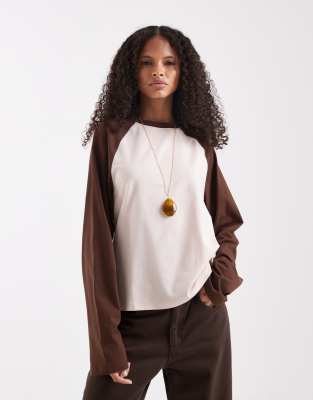 ASOS DESIGN color block oversized long sleeve baseball t-shirt in brown and pink