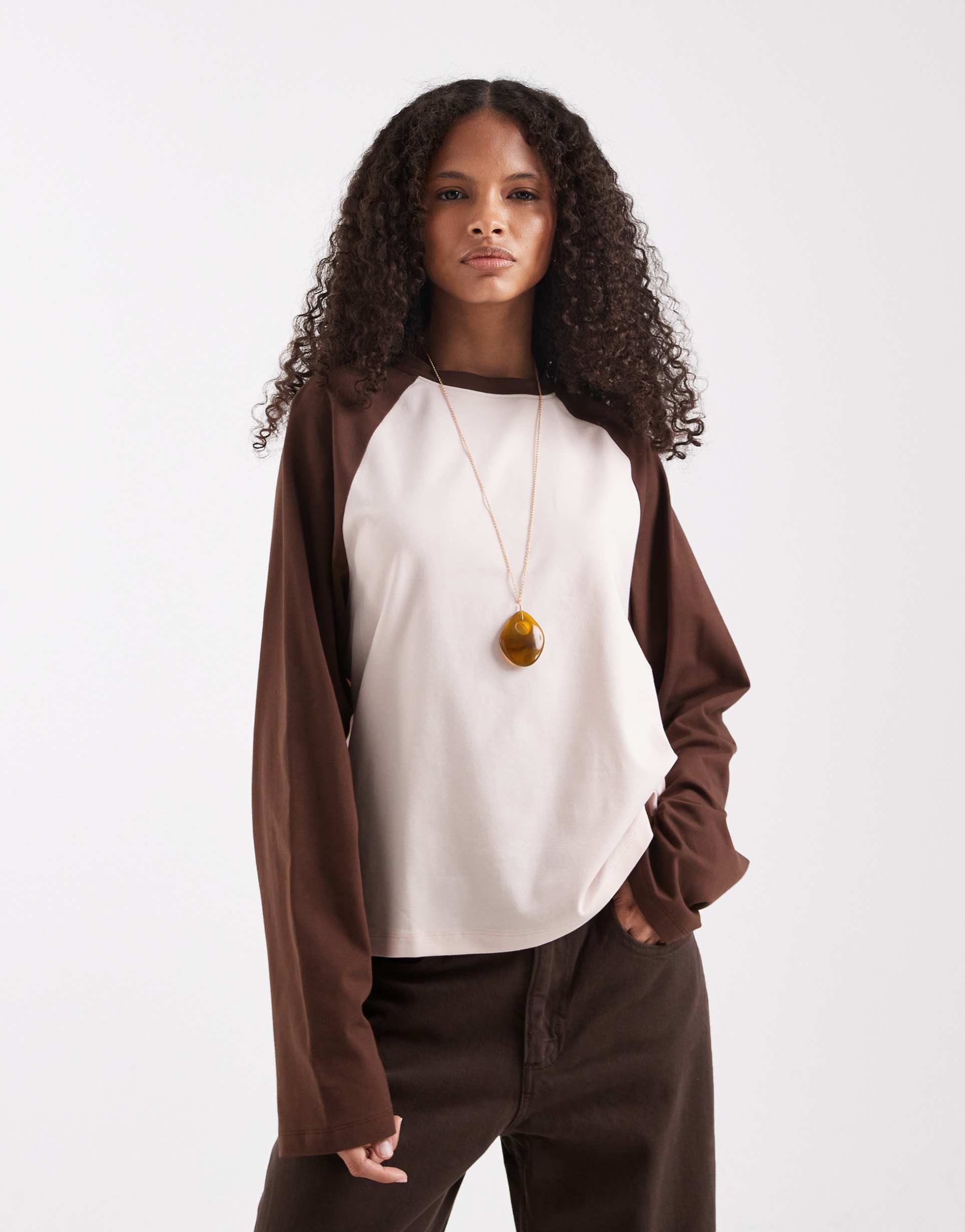 asos design color block oversized long sleeve baseball t-shirt in brown and pink