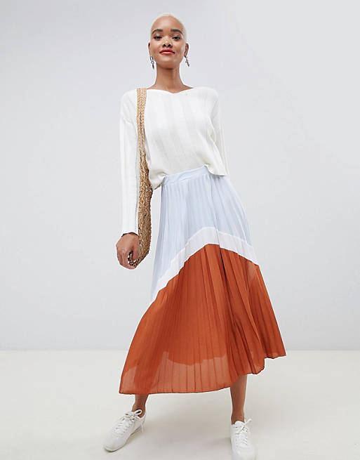 ASOS DESIGN color block pleated midi skirt