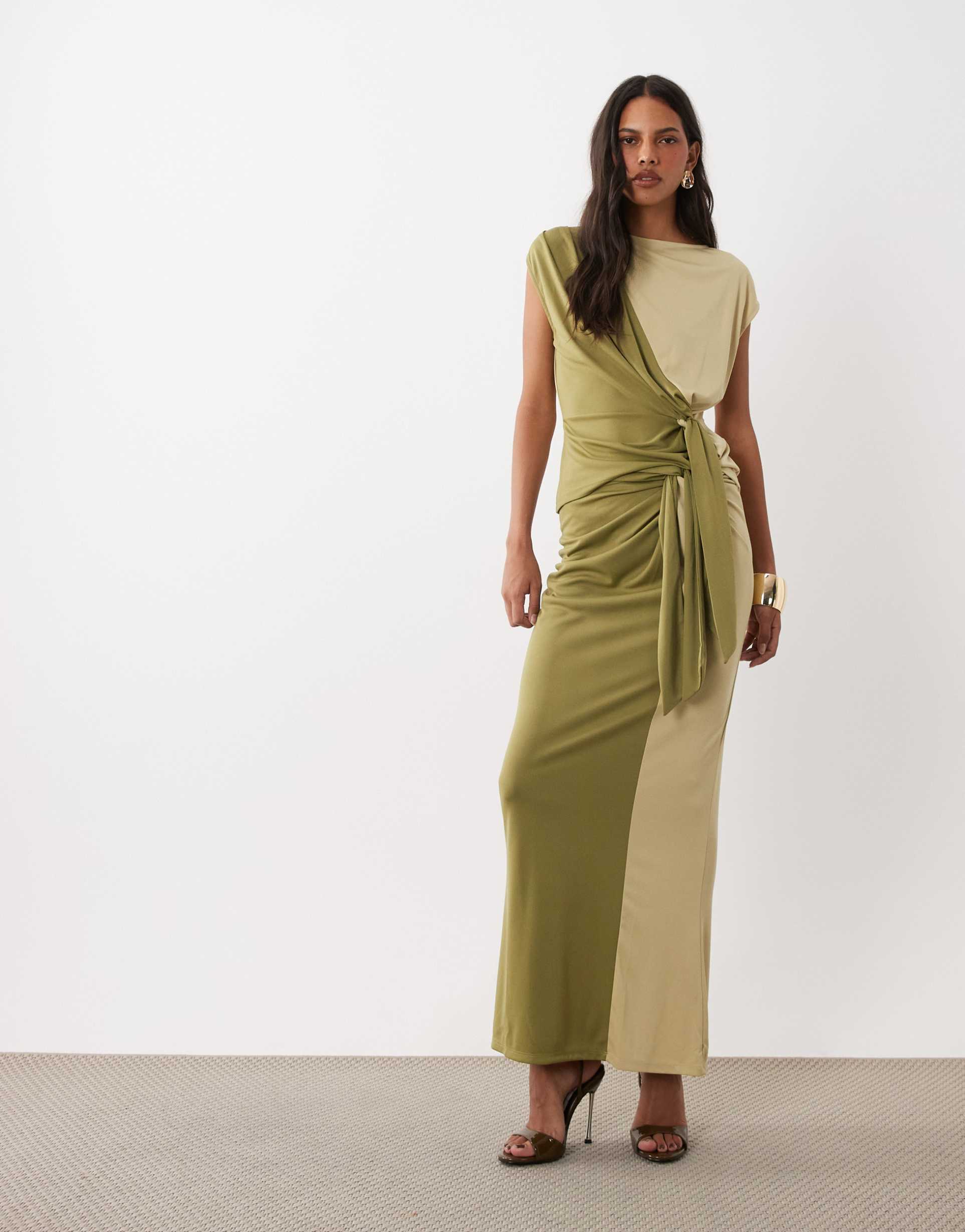 asos design color block sarong skirt with drape tie front in khaki - part of a set