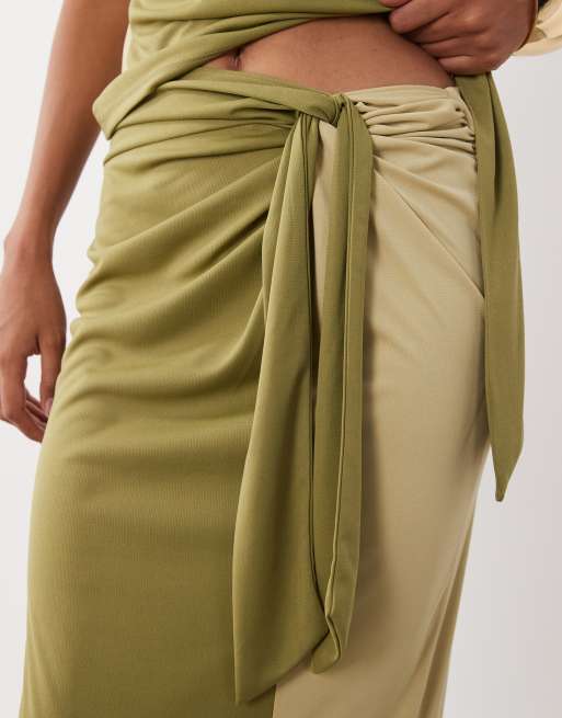 ASOS DESIGN color block sarong skirt with drape tie front in khaki - part of a set, 2 of 5