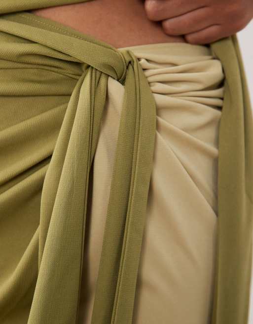 ASOS DESIGN color block sarong skirt with drape tie front in khaki - part of a set, 4 of 5