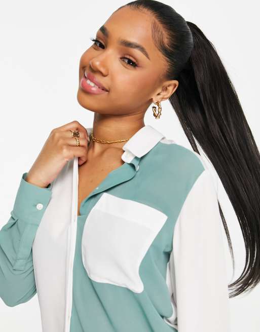 ASOS DESIGN color block shirt in sage green & ivory