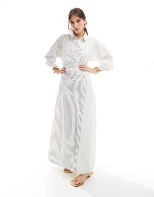 ASOS DESIGN color block stripe ruched maxi shirt dress in cream stripe |  ASOS