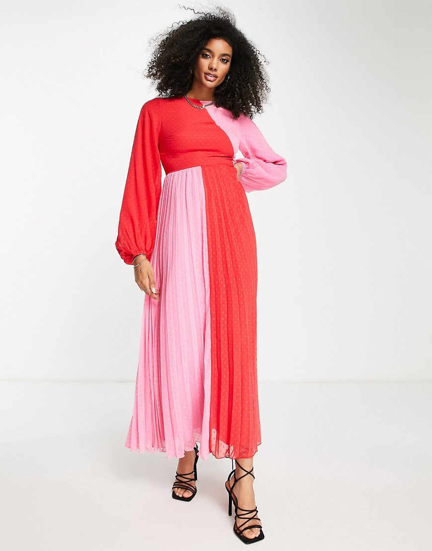 ASOS DESIGN color block textured pleated maxi dress in pink and red-Multi