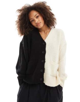 color block v neck cardigan with pocket detail in cream and black-Multi