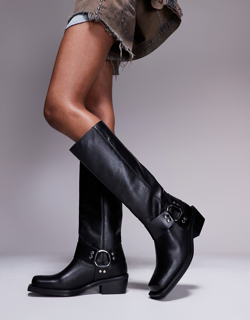 ASOS DESIGN Colorado premium leather biker knee boots in black