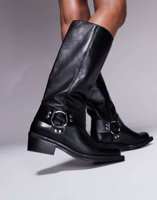 ASOS DESIGN Colorado premium leather biker knee boots in black ASOS