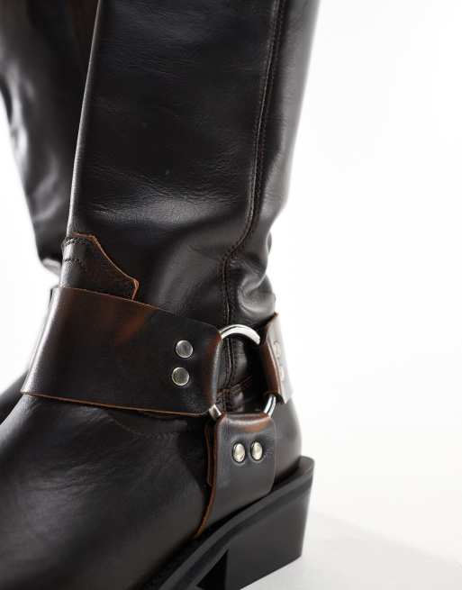 ASOS DESIGN Colorado premium leather biker knee boots in brown, 2 of 4