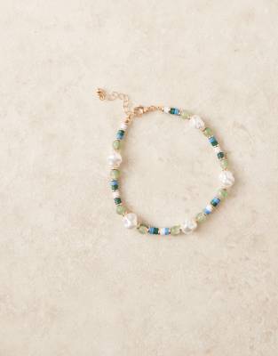 Asos Design Colorful Beaded Anklet With Faux Pearls