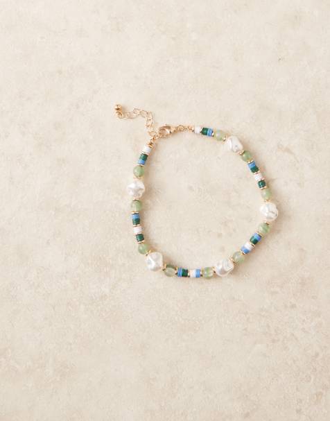 ASOS DESIGN colorful beaded anklet with faux pearls in gold tone - view 1