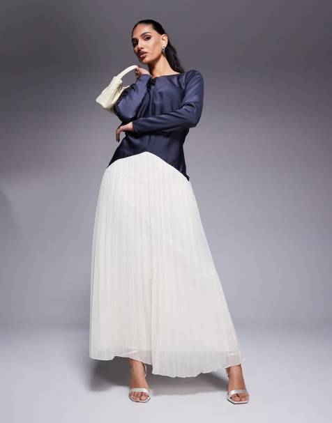ASOS DESIGN colour block dropped waist pleated skirt maxi dress in navy and cream - view 1