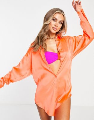 ASOS DESIGN colour block satin beach shirt in neon orange
