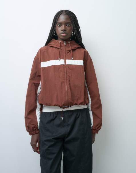 ASOS DESIGN colour block track jacket with hood in brown and cream - view 1
