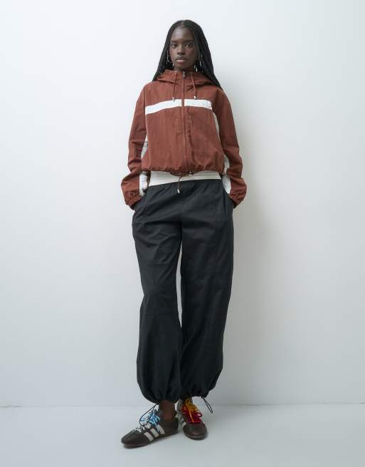 ASOS DESIGN colour block track jacket with hood in brown and cream, 2 of 4