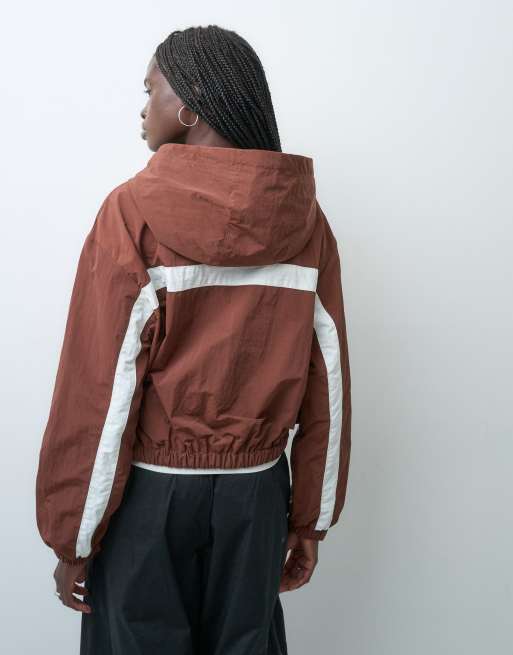 ASOS DESIGN colour block track jacket with hood in brown and cream, 4 of 4
