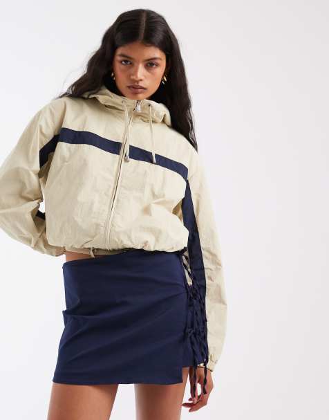 ASOS DESIGN colour block track jacket with hood in stone and navy - view 1