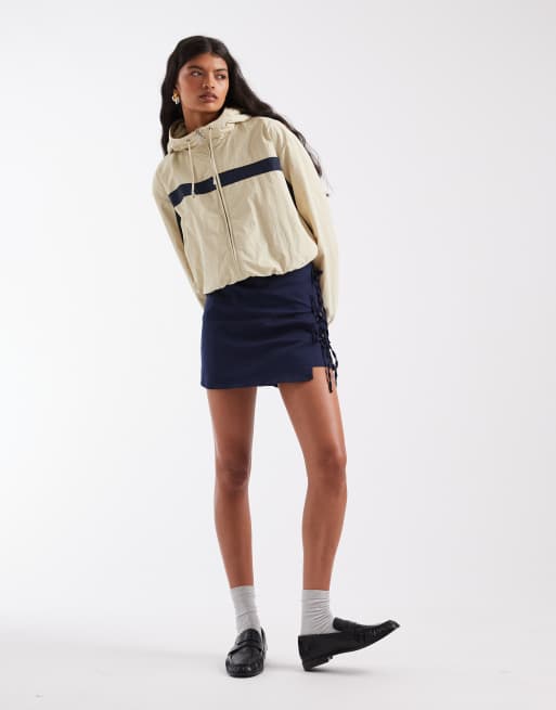 ASOS DESIGN colour block track jacket with hood in stone and navy, 2 of 4