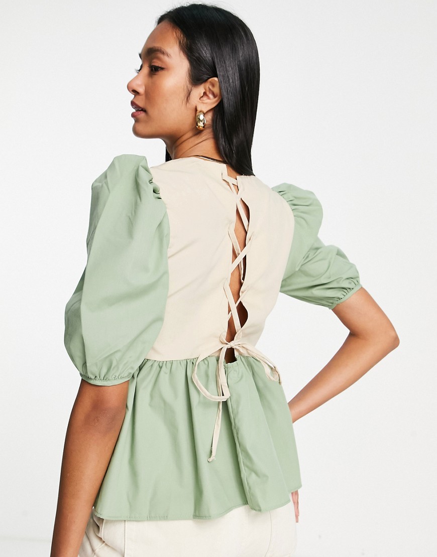 ASOS DESIGN colourblock cotton smock top with lace up back in beige and khaki-Neutral
