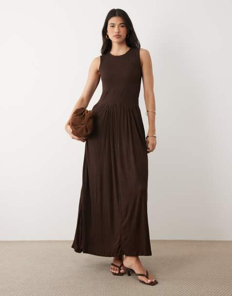 ASOS DESIGN colourblock crinkle midi dress in chocolate - view 1