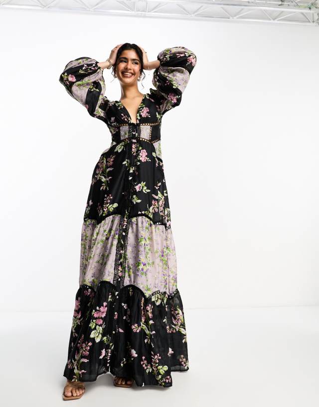 ASOS DESIGN - colourblock print maxi dress with blouson sleeves in multi floral print