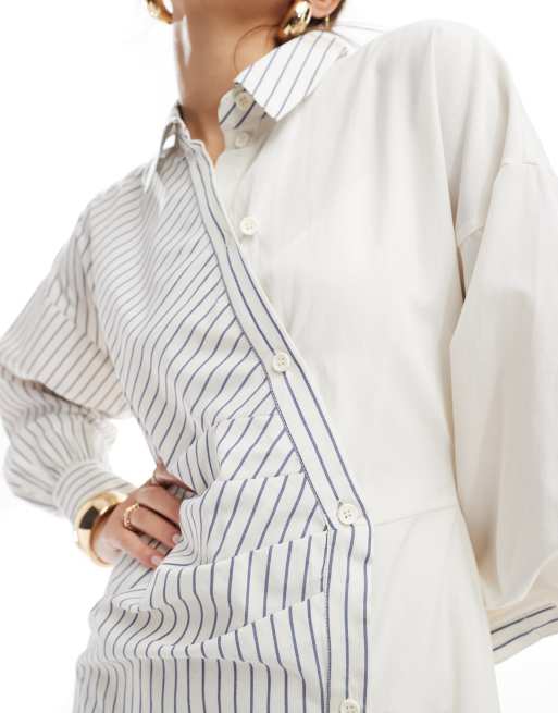 ASOS DESIGN colourblock ruched maxi shirt dress in cream stripe, 3 of 4