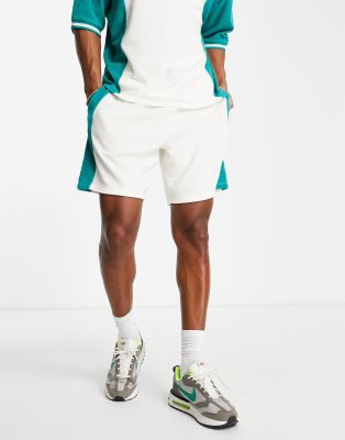ASOS DESIGN colourblock towelling relaxed shorts in green and ecru (part of a set) 