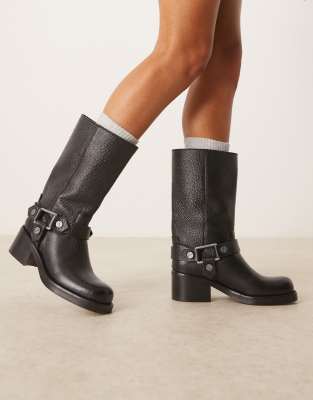 ASOS DESIGN Colton premium leather harness trucker knee boots in black - view 1