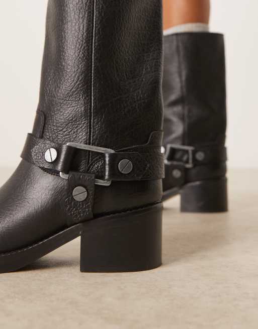 ASOS DESIGN Colton premium leather harness trucker knee boots in black