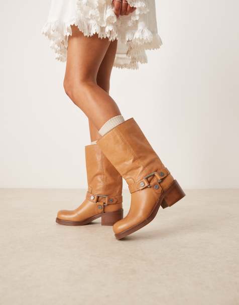 ASOS DESIGN Colton premium leather harness trucker knee boots in camel - view 1