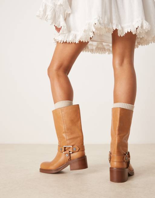 ASOS DESIGN Colton premium leather harness trucker knee boots in camel