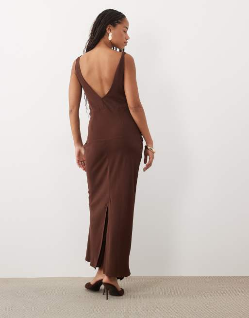 ASOS DESIGN column maxi dress with drape detail in chocolate, 4 of 4