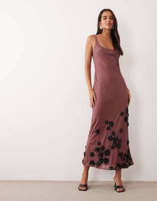 Asos Design Column Maxi Dress With Floral Hem Embellished Dress In Pink