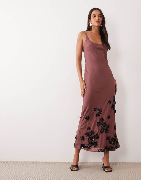 ASOS DESIGN column maxi dress with floral hem embellished dress in terracotta - view 1