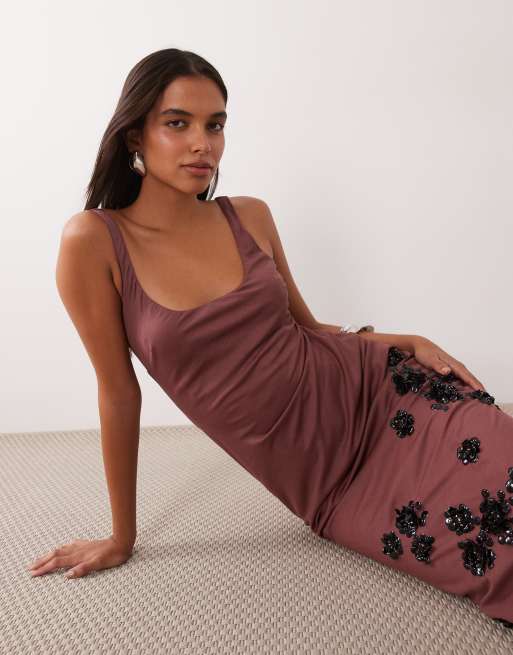 ASOS DESIGN column maxi dress with floral hem embellished dress in terracotta, 2 of 4