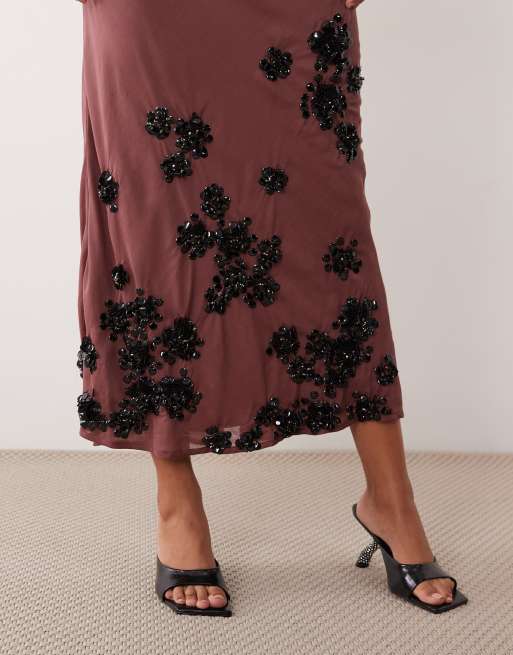 ASOS DESIGN column maxi dress with floral hem embellished dress in terracotta, 3 of 4