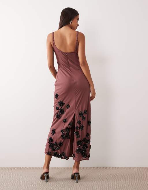 ASOS DESIGN column maxi dress with floral hem embellished dress in terracotta, 4 of 4