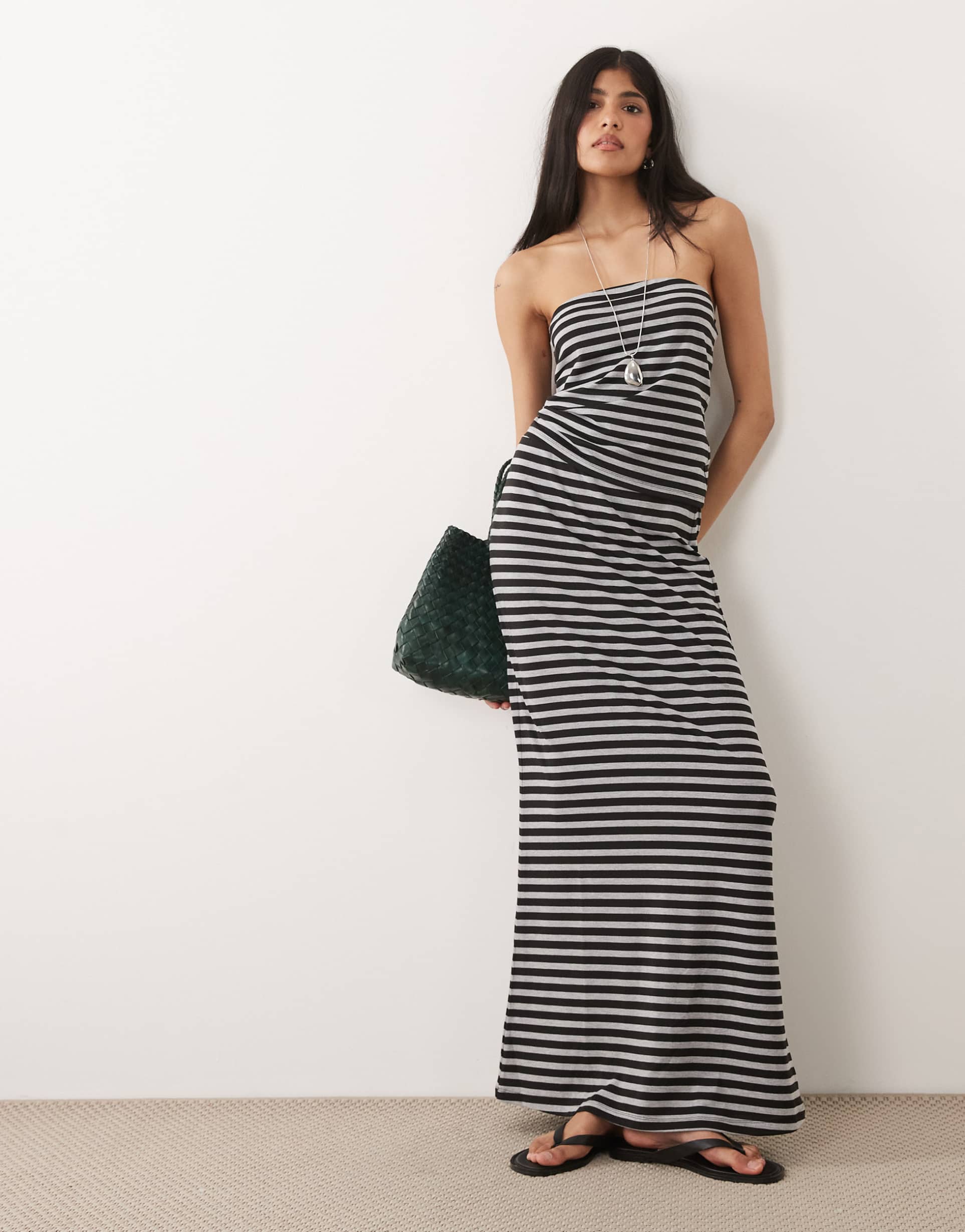 asos design column maxi skirt in gray and black stripes - part of a set