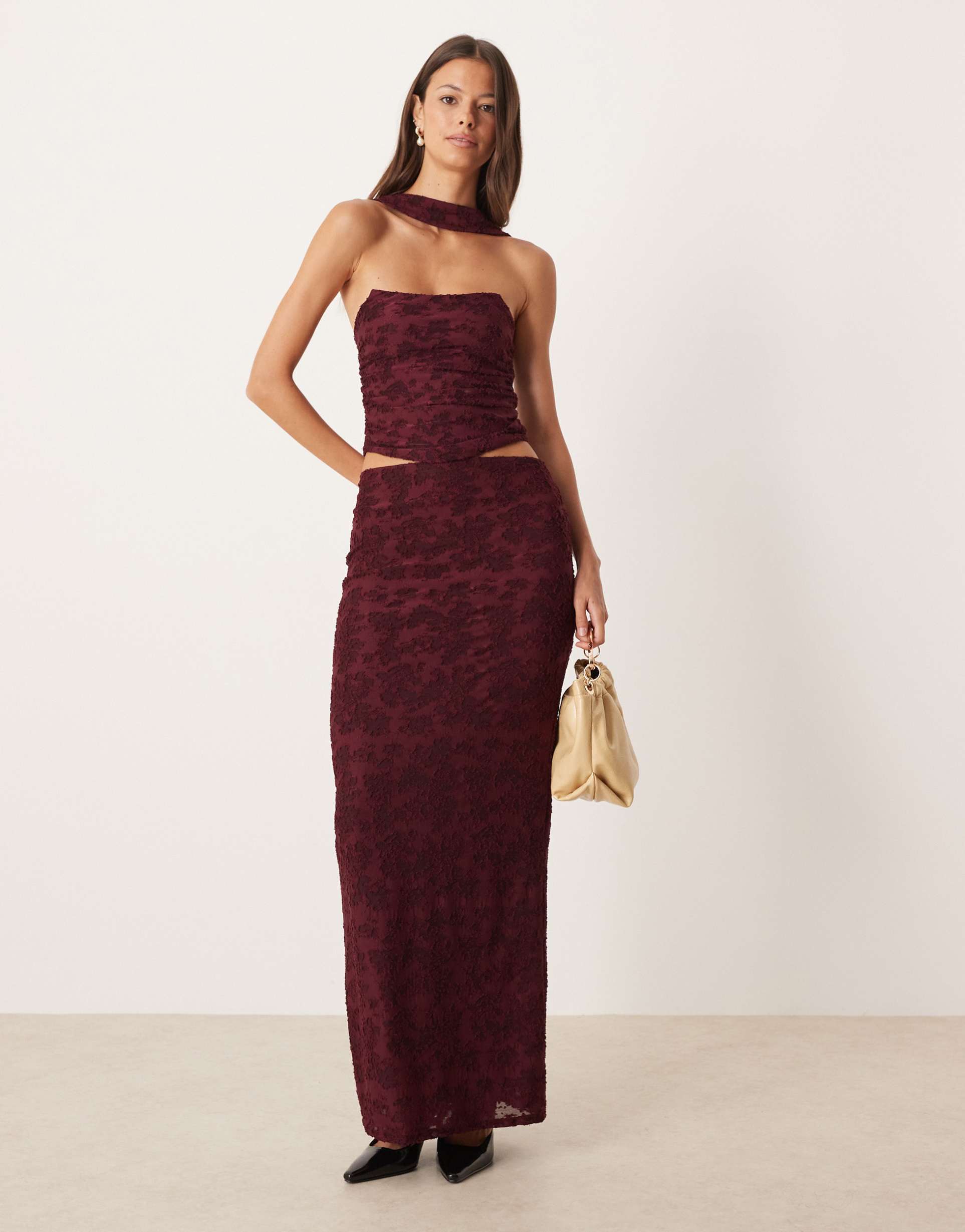 asos design column maxi skirt in wine burnout floral - part of a set