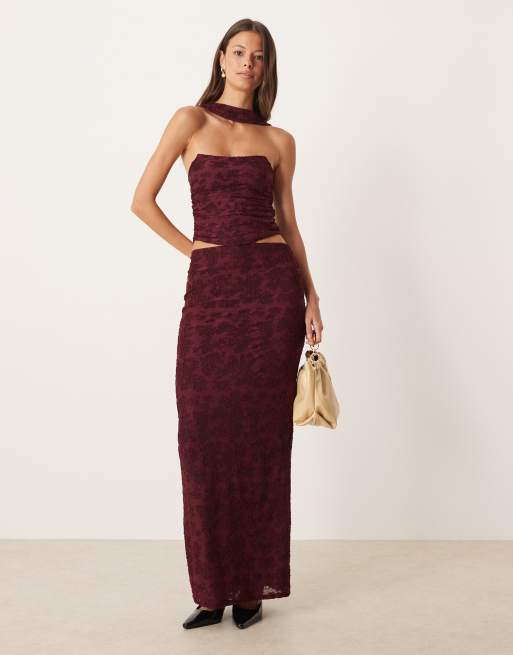 ASOS DESIGN column maxi skirt in wine burnout (Part of a set)