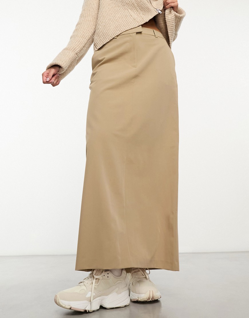 Asos Design Column Maxi Skirt With Split In Camel-neutral