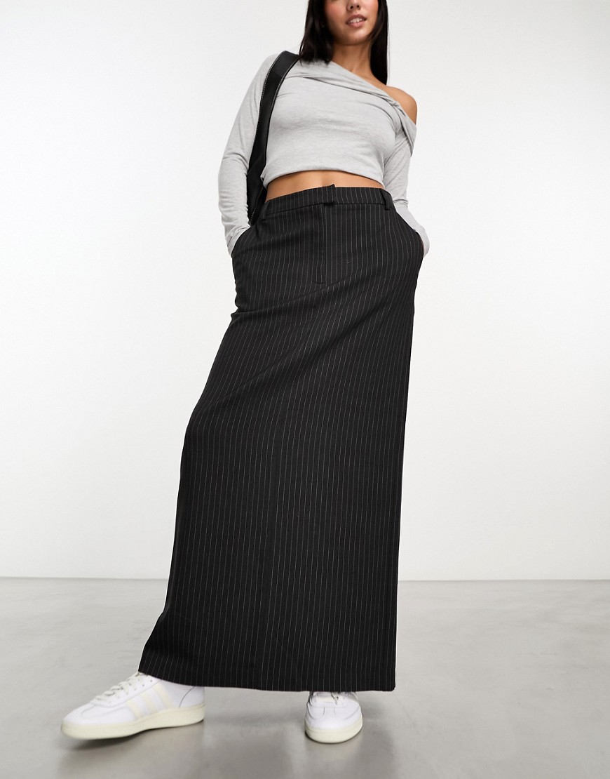 Asos Design Column Maxi Skirt With Split In Charcoal Stripe-gray