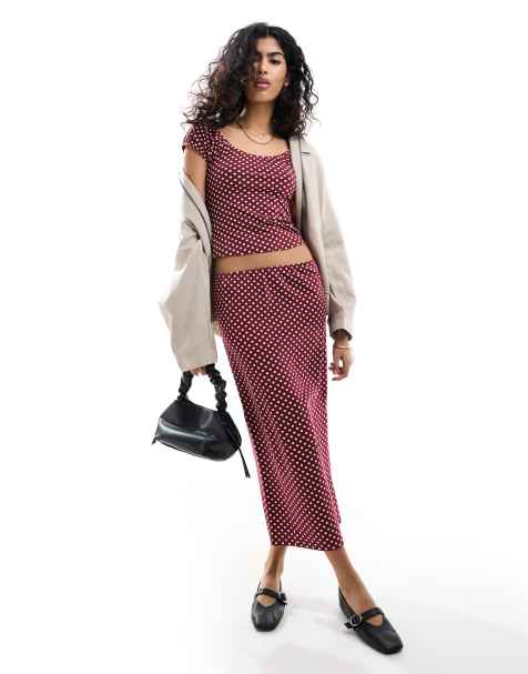 ASOS DESIGN column midi skirt co-ord in burgundy polka dot print - view 1